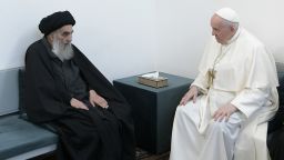 Pope Francis meets with Iraq's leading Shiite cleric, Grand Ayatollah Ali al-Sistani in Najaf, Iraq, Saturday, March 6, 2021. The closed-door meeting was expected to touch on issues plaguing Iraq's Christian minority. Al-Sistani is a deeply revered figure in Shiite-majority Iraq and and his opinions on religious matters are sought by Shiites worldwide. 