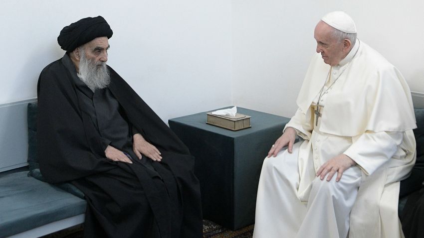 Pope Francis meets with Iraq's leading Shiite cleric, Grand Ayatollah Ali al-Sistani in Najaf, Iraq, Saturday, March 6, 2021. The closed-door meeting was expected to touch on issues plaguing Iraq's Christian minority. Al-Sistani is a deeply revered figure in Shiite-majority Iraq and and his opinions on religious matters are sought by Shiites worldwide.