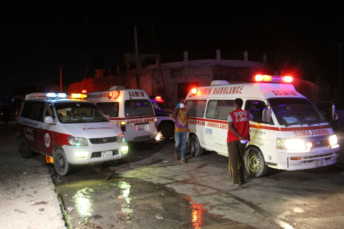 Ambulances near the site of the blast on Friday.