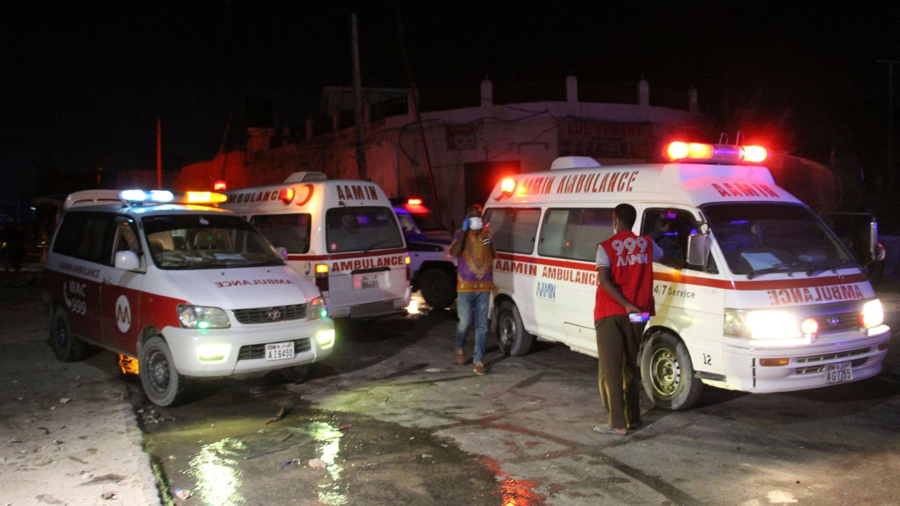 Ambulances near the site of the blast on Friday.