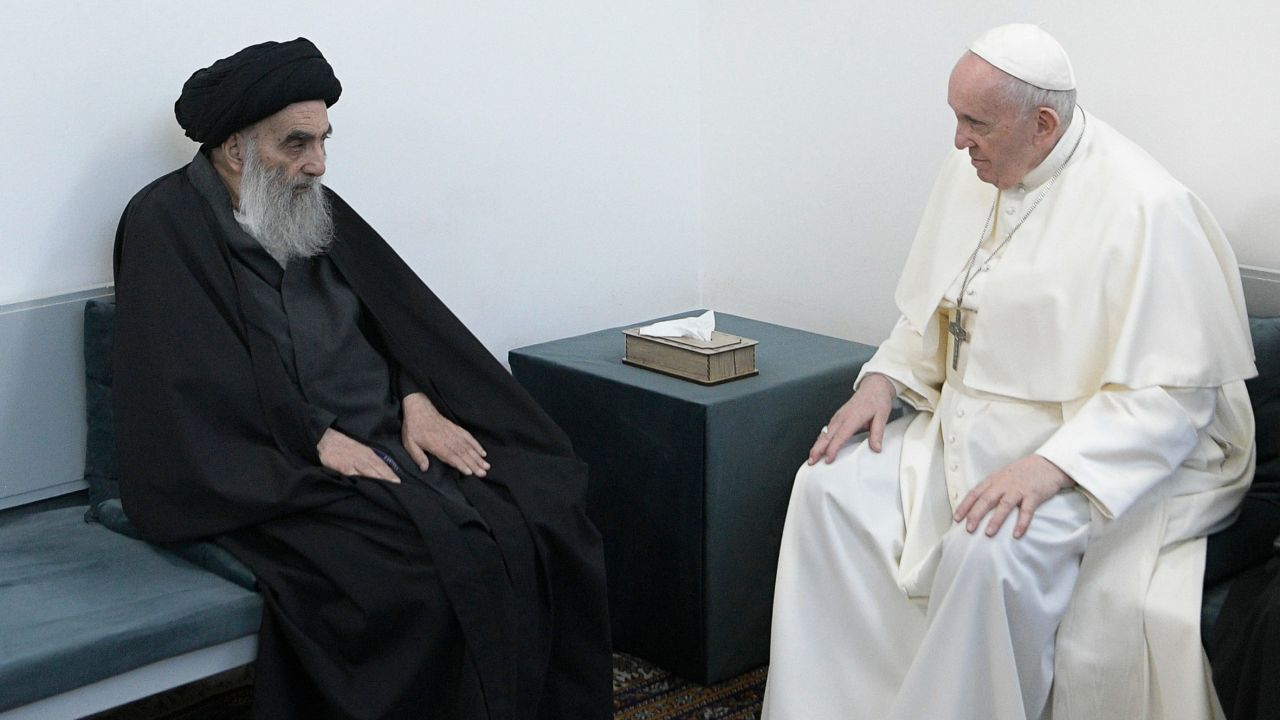 The Pope meets with Iraq's leading Shiite cleric, Grand Ayatollah Ali al-Sistani, in Najaf, Iraq, on Saturday. <a href="https://www.cnn.com/2021/03/06/middleeast/pope-francis-nayaf-grand-ayatollah-intl-hnk/index.html" target="_blank">The 45-minute meeting</a> with the 90-year old al-Sistani -- who rarely appears in public -- represented one of the most significant summits in recent years between a pope and a leading Shia Muslim figure.