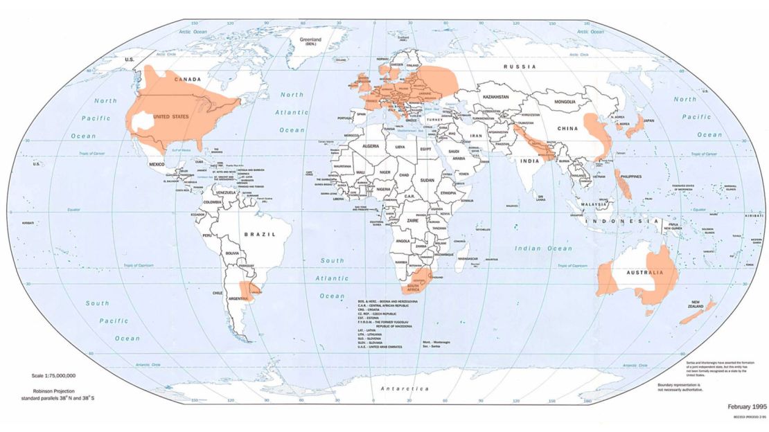 Tornado frequency highlighted throughout the world.