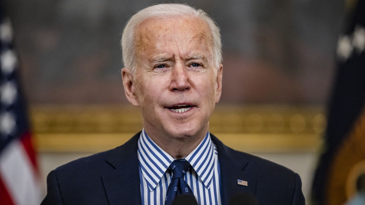 WASHINGTON, DC - MARCH 06: President Joe Biden speaks from the State Dining Room following the passage of the American Rescue Plan in the U.S. Senate at the White House on March 6, 2021 in Washington, DC. The Senate passed the latest COVID-19 relief bill by 50 to 49 on a party-line vote, after an all-night session. (Photo by Samuel Corum/Getty Images)