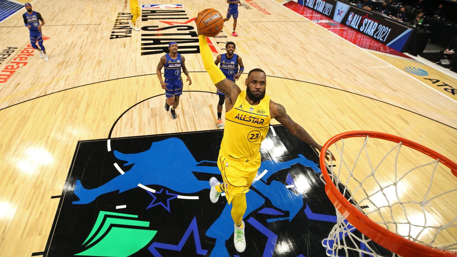LeBron James dunks the ball during the NBA All-Star Game on March 7, 2021 at State Farm Arena in Atlanta, Georgia. 