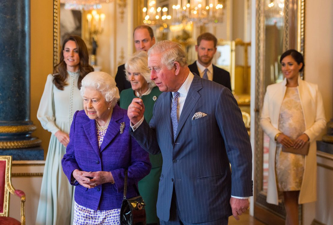 Meghan and Harry (right) with the Queen, Prince Charles and other royals in 2019. During their Oprah interview, Harry detailed a breakdown in relationships with several of his senior relatives.