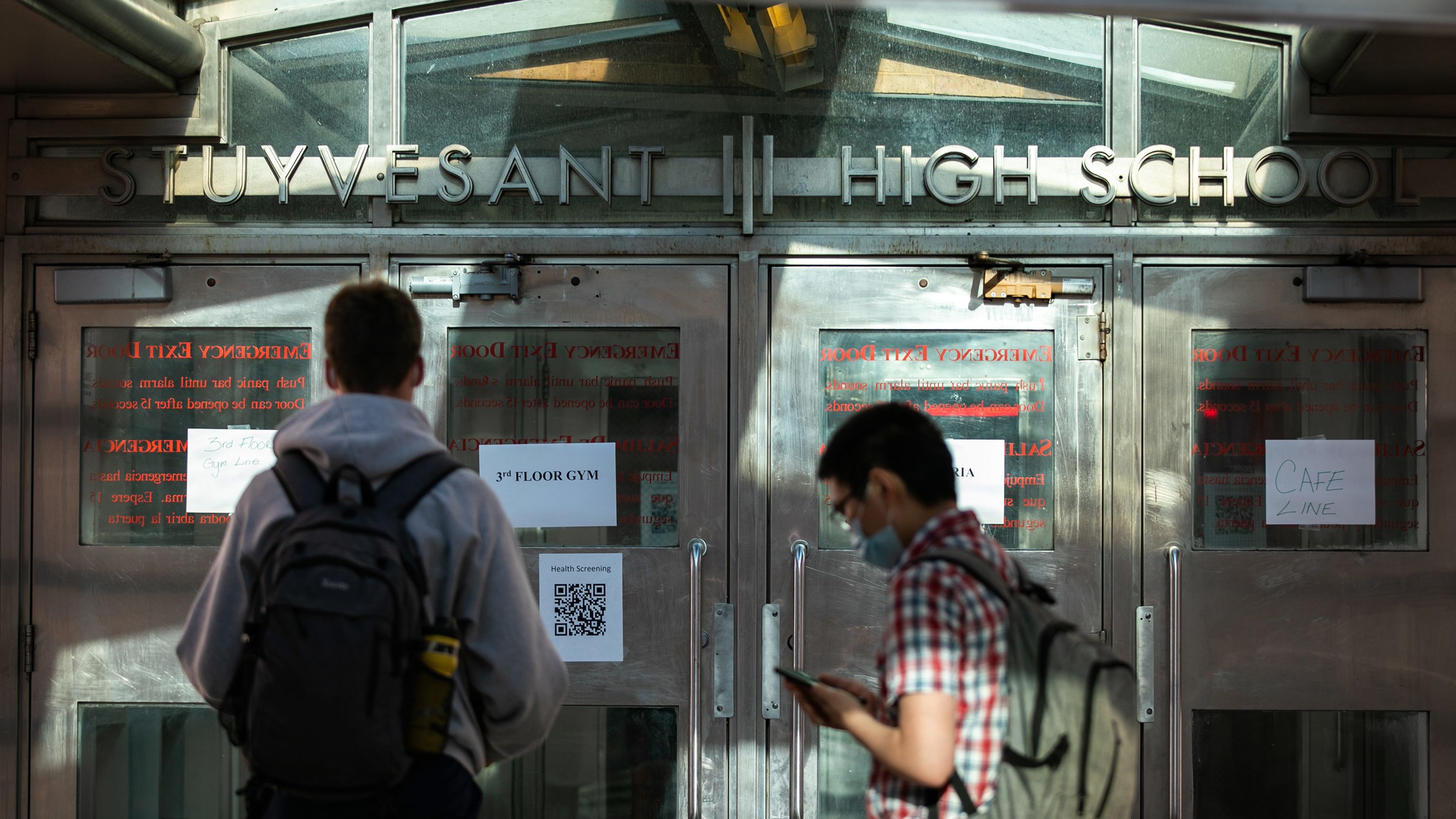 Students arrive at Stuyvesant High School in New York City in October.