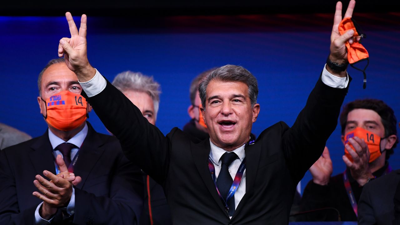 Joan Laporta celebrates during a press conference after being elected Barcelona president.