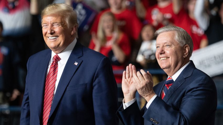 US president Donald Trump (L) smiles as he stands alongside US Senator Lindsey Graham (R), Republican of South Carolina, during a Keep America Great campaign rally for US President Donald Trump at the North Charleston Coliseum in North Charleston, South Carolina, February 28, 2020. (Photo by SAUL LOEB / AFP) (Photo by SAUL LOEB/AFP via Getty Images)