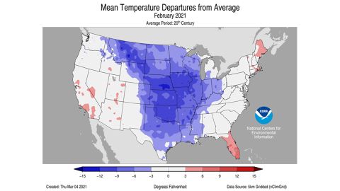 NOAA february 2021 temperature departures