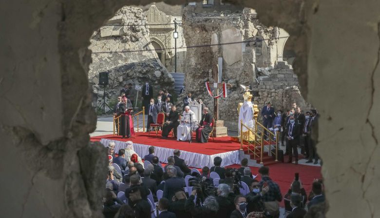 Pope Francis, surrounded by the remains of destroyed churches, attends a prayer in Mosul, Iraq, on Sunday, March 7. <a href="https://www.cnn.com/2021/03/07/middleeast/pope-francis-mosul-northern-iraq-intl/index.html" target="_blank">Francis called for "harmonious coexistence"</a> of people from different backgrounds and cultures. "Here in Mosul, the tragic consequences of war and hostility are all too evident," he said.