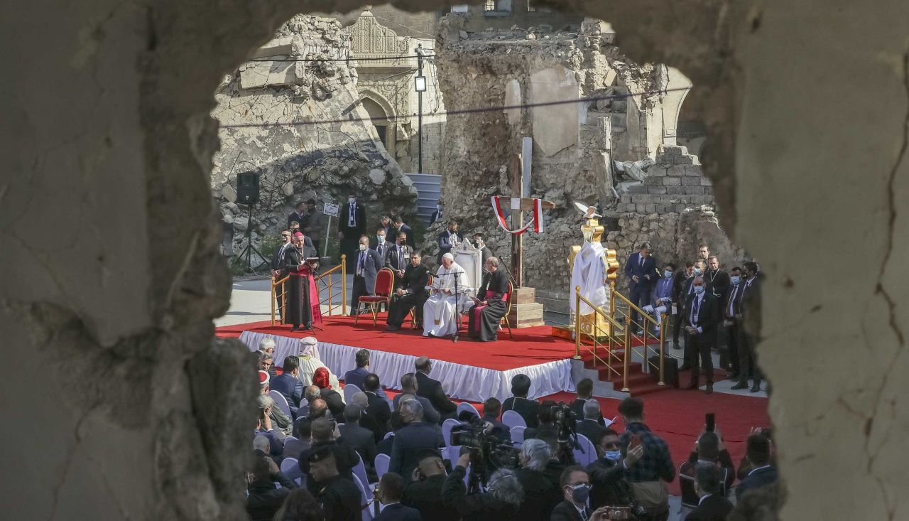 Pope Francis, surrounded by the remains of destroyed churches, attends a prayer in Mosul, Iraq, on Sunday, March 7. <a href="https://www.cnn.com/2021/03/07/middleeast/pope-francis-mosul-northern-iraq-intl/index.html" target="_blank">Francis called for "harmonious coexistence"</a> of people from different backgrounds and cultures. "Here in Mosul, the tragic consequences of war and hostility are all too evident," he said.