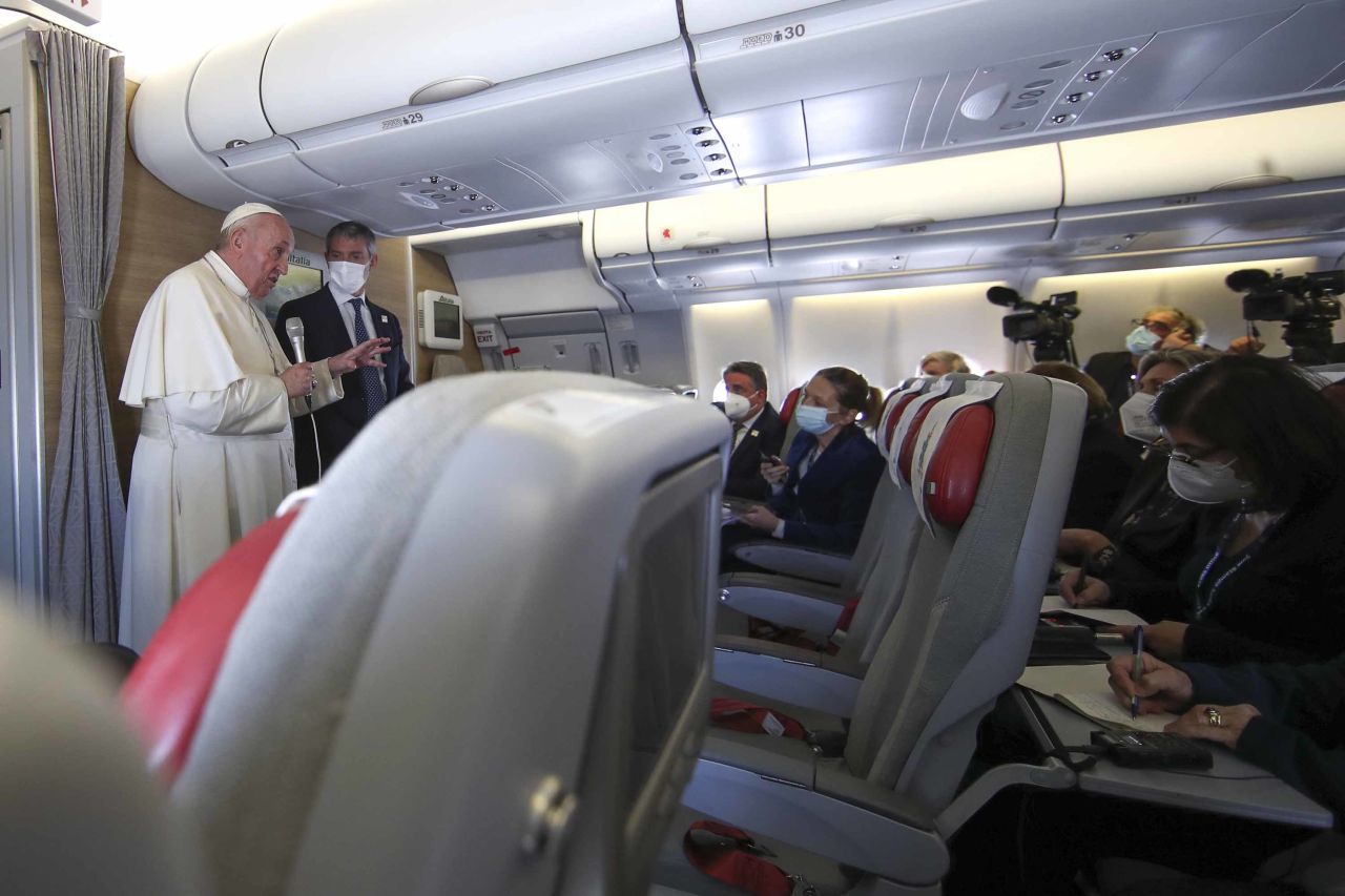 The Pope speaks to journalists during his return flight to the Vatican on Monday.