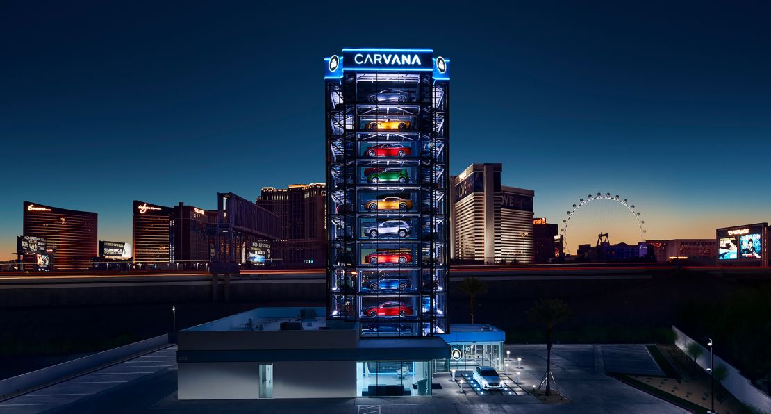 Carvana customers can have their vehicle dispensed out of a "car vending machine" or, in this case, a "car slot machine" in Las Vegas.