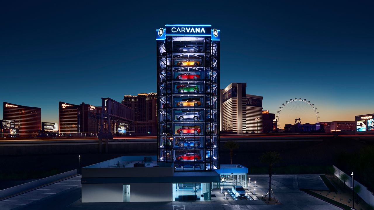 Carvana customers can have their vehicle dispensed out of a "car vending machine" or, in this case, a "car slot machine" in Las Vegas.