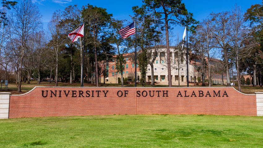 Mobile, AL - January 30, 2021: The University of South Alabama sign and flags