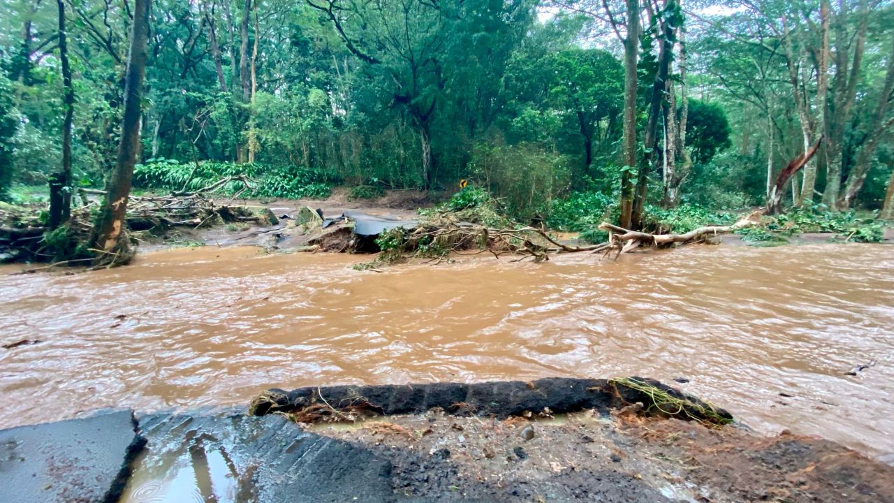 A bridge off Peahi Road is overcome by floodwaters on in Haiku, Maui.