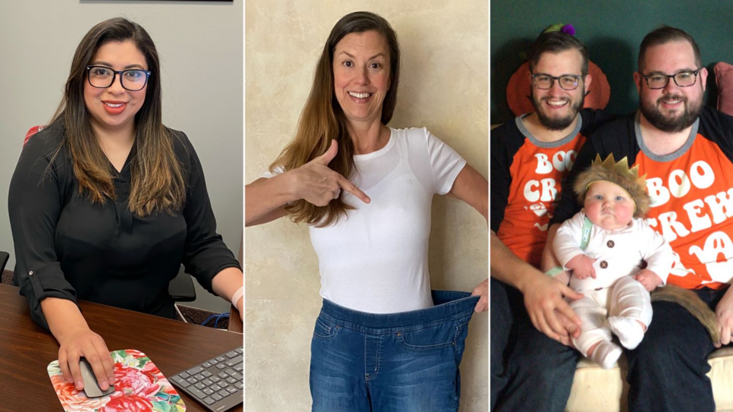 From left, Lizette Cortez started her own law firm, Adrienne Shubin lost over 80 pounds and Brandon and Robert Schulz-Koller became a family of three.