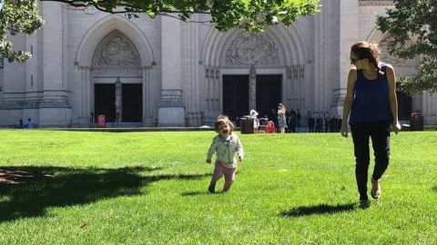 Dalia Hatuqa and her daughter walk together outside the National Cathedral in Washington, DC, in 2017.