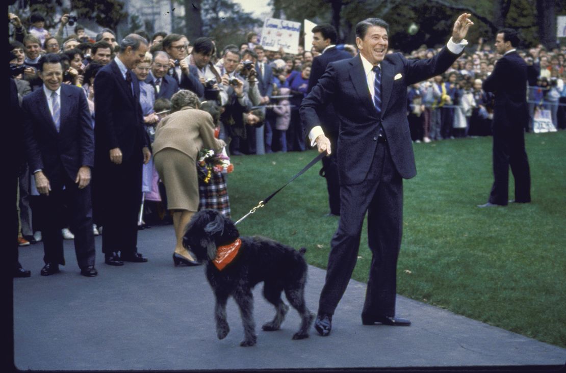 President Ronald Reagan with his dog Lucky as he and first lady Nancy Reagan prepared for a trip to Geneva on November 1, 1985.