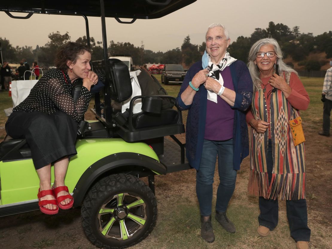 Frances McDormand, Swankie and Linda May at the "Telluride from Los Angeles" drive-in premiere of "Nomadland" last year. 