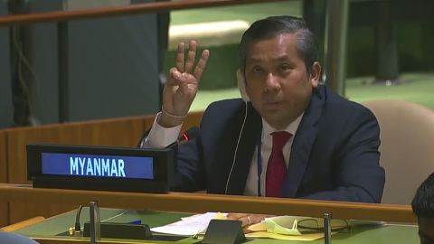 In this image made from UNTV video, Myanmar's UN ambassador Kyaw Moe Tun, speaks in the UN General Assembly on Friday, Feb. 25, 2021. 