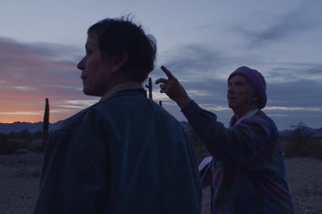 Frances McDormand and Swankie in a still from "Nomadland." "I didn't feel like I was dealing with somebody that was better than me or richer than me," says Swankie. "I feel now that she's a good friend of mine."