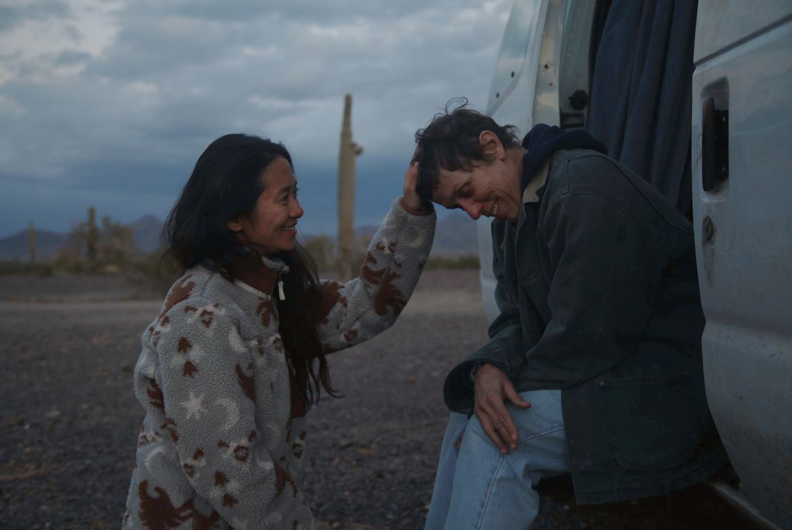 Chloé Zhao and Frances McDormand take a moment on the set of "Nomadland." "I wish I'd had a little bit more time to learn from Fran," says Zhao. "I think in this film she sort of stepped out of her world into mine. I imagine if I were in a situation where there were rehearsals, I would be able to learn so much from her."