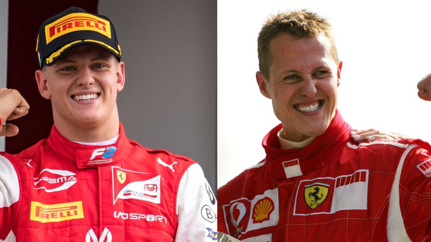 This combination of pictures created on December 2, 2020, shows German Ferrari driver Michael Schumacher (R) celebrating on the podium of the Monza racetrack after the Italian Formula One Grand prix, in Monza, on September 10, 2006, and his son Prema Racing's German driver Mick Schumacher (L) celebrating after winning the Formula Two championship race of the Hungarian Grand Prix at the Hungaroring circuit in Mogyorod near Budapest, on August 4, 2019. - Mick Schumacher, the son of seven-time world champion Michael Schumacher, will drive in Formula One for the first time with Haas next season, the team announced on December 2, 2020, leaving their new recruit "emotionally exploding" at the realisation of a dream. (Photo by Andrej ISAKOVIC and Patrick HERTZOG / AFP) (Photo by ANDREJ ISAKOVIC,PATRICK HERTZOG/AFP via Getty Images)