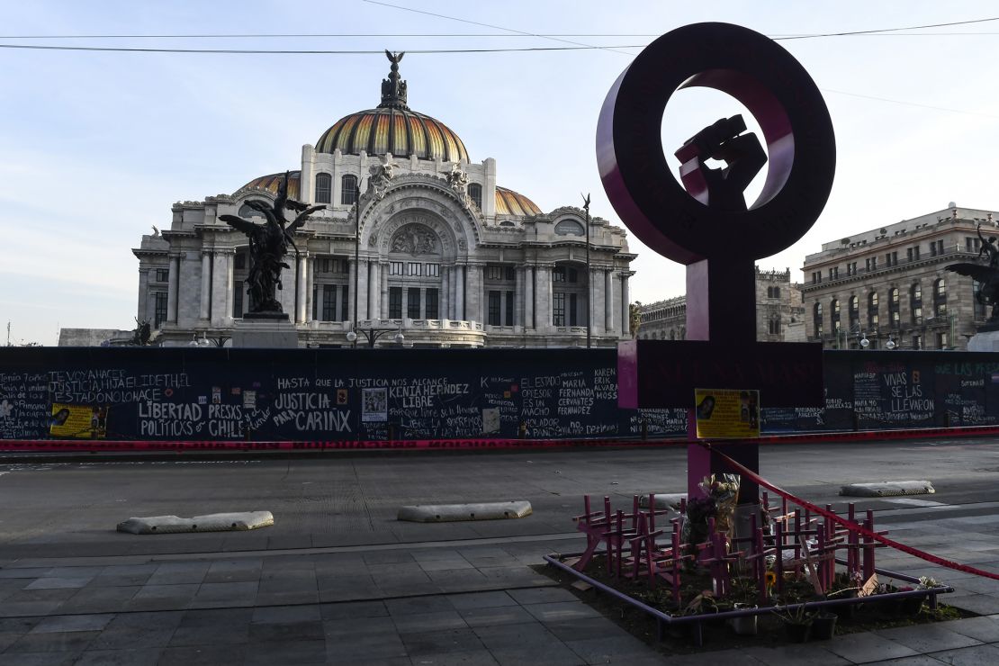 Fences protect the Bellas Artes museum ahead of a demonstration as part of the International Women's Day on March 8, 2021 in Mexico City, Mexico