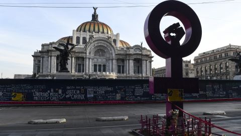 Fences protect the Bellas Artes museum ahead of a demonstration as part of the International Women's Day on March 8, 2021 in Mexico City, Mexico