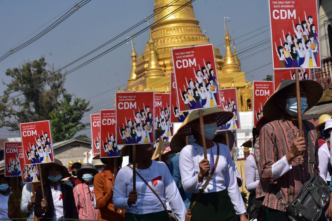 Protesters in Nyaung Shwe on March 5, 2021, demonstrating their support for the civil disobedience movement.