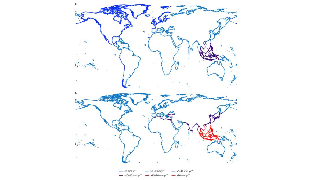 This global map shows the average relative sea level rise rate in millimeters per year, and is weighted for population (second map). The map is divided into 23 different coastal regions, and the shadings are based on how sea levels are currently rising every year. When weighting the data to population opposed to coastal length (first map), the sea level rise is greater because of human activity that promotes subsidence and loss of elevation. Portions of Asia are experiencing the highest rate of water rise when factoring in both the length average and population average. Source: Nature Climate Change, March 2021