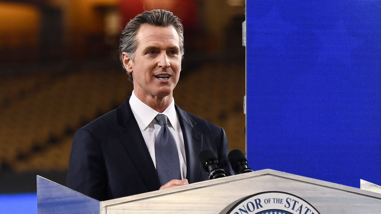 California Gov.Gavin Newsom delivers the State of the State address at Dodger Stadium in Los Angeles, California, on March 9, 2021. 