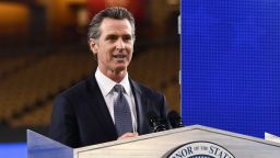 California Governor Gavin Newsom delivers the State of the State address at Dodger Stadium in Los Angeles, California, on March 9, 2021. (Photo by Patrick T. FALLON / AFP) (Photo by PATRICK T. FALLON/AFP via Getty Images)