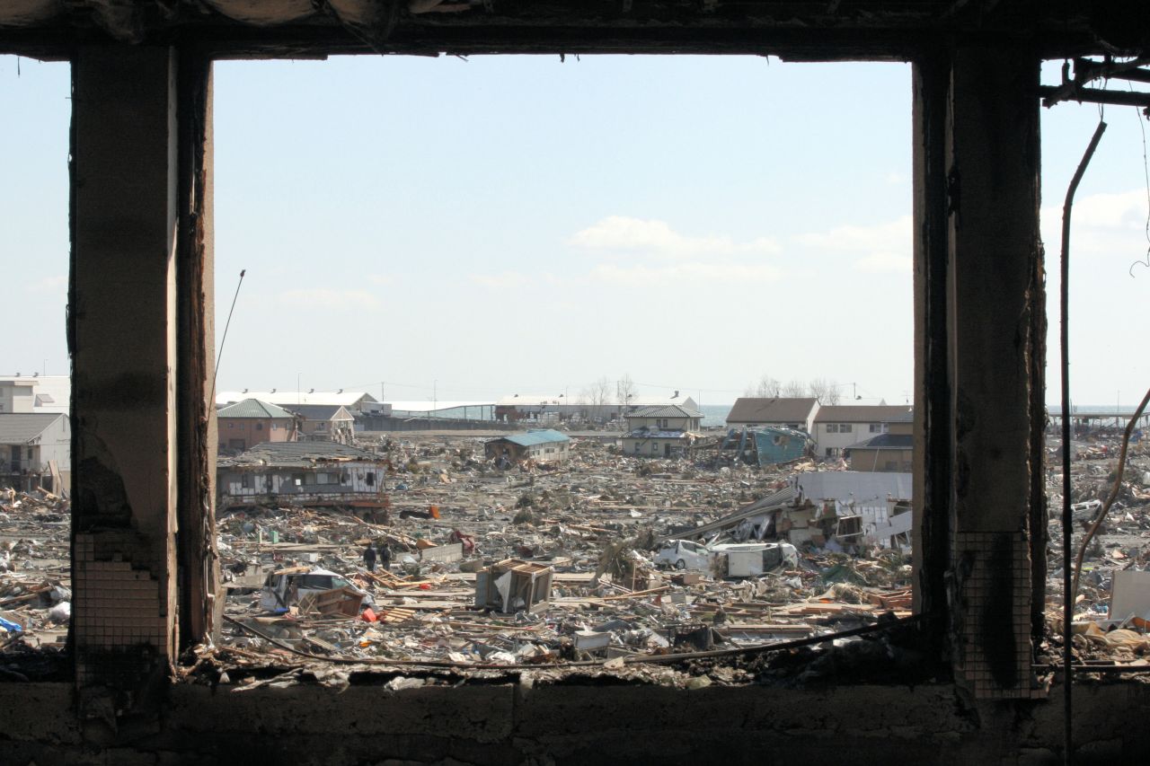 More than 20,000 people died or went missing in the earthquake and subsequent tsunami. Kadowaki Elementary School provides a view of the ruined city of Ishinomaki, Miyagi prefecture.