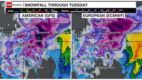 A comparison of the American (GFS) and European (ECMWF) weather models' snow forecast through this weekend across the Rockies.