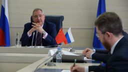 Dmitry Rogozin, Director General of Russian space agency Roscosmos, during the joint signing of a Memorandum of Understanding with the China National Space Administration on March 9, 2021.