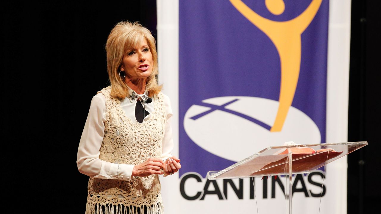 Evangelist and author Beth Moore speaks at a luncheon in Nashville, Tennessee, for nominees of the Dove Awards on October 6, 2014.