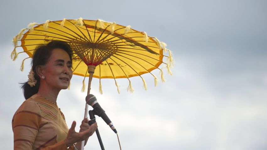 National League for Democracy chairperson, Aung San Suu Kyi delivers a speech during a voter education campaign at the Hsiseng township in Shan State, on September 5, 2015.  While her National League for Democracy (NLD) party is expected to triumph at key elections this year, Suu Kyi's pathway to the presidency is blocked by a controversial clause in Myanmar's junta-era constitution.  AFP PHOTO / Ye Aung THU (Photo by Ye Aung THU / AFP) (Photo by YE AUNG THU/AFP via Getty Images)