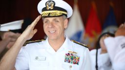 Adm. Philip Davidson, USN, Commander U.S. Indo PacificCommand gives a parting salute at the 18th Change of Command Ceremony for Joint Interagency Task Force West on 12 April 2019.