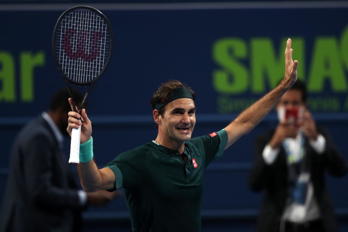 Federer celebrates his victory in Doha.