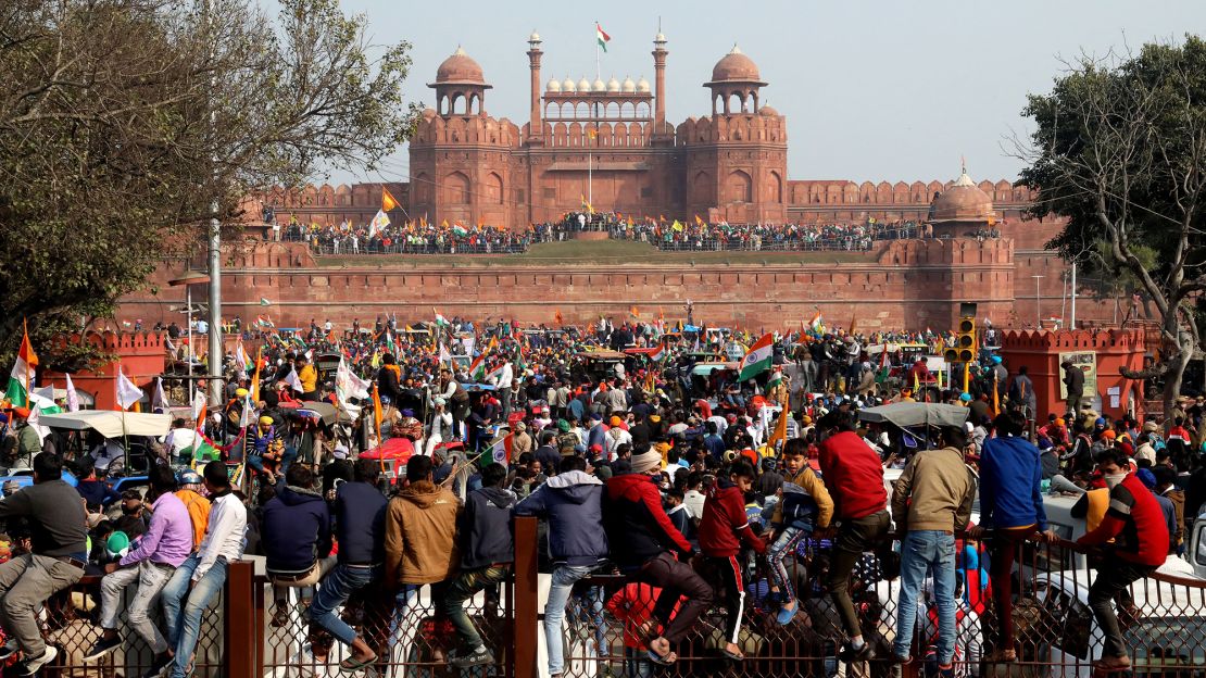 Protesters gather at the New Delhi's historic Red Fort during a demonstration on January 26, 2021.