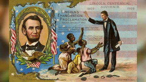 A commemorative 1909 poster for the 100th anniversary of  Lincoln's birth. It depicts Lincoln freeing slaves with the Emancipation Proclamation. 