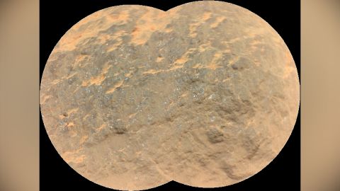 This mosaic combines two images from the SuperCam instrument on the Perseverance rover. The depiction shows detail from "Yeehgo," a rock target on Mars that borrows from the Navajo word "Yéigo," meaning diligent.