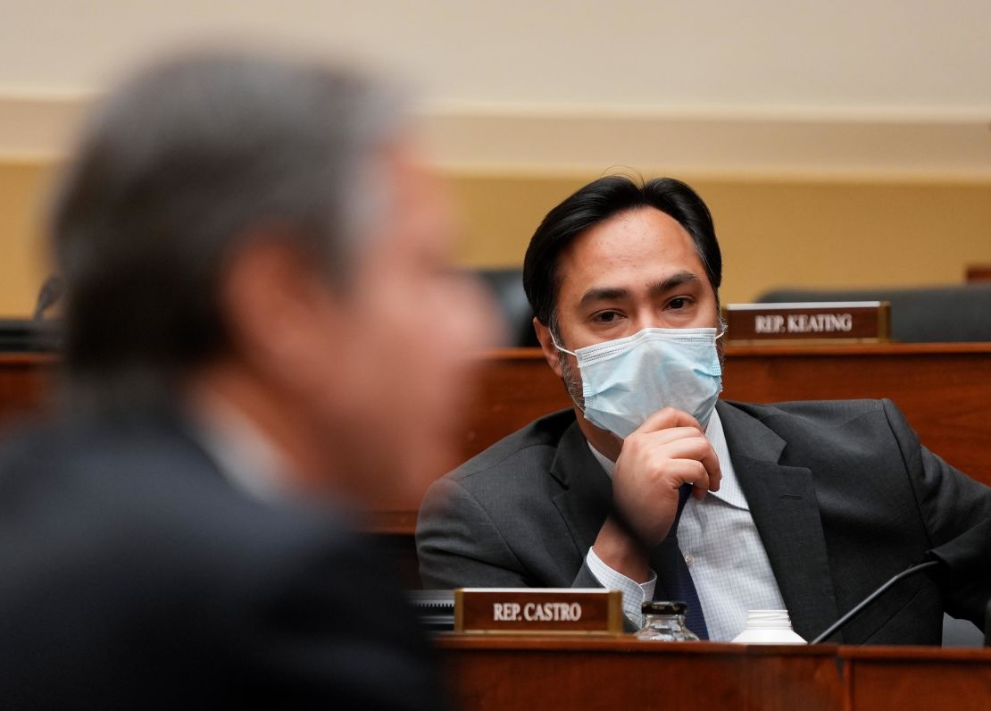 Rep. Joaquin Castro listens as Secretary of State Antony Blinken testifies before the House Committee on Foreign Affairs on March 10, 2021, in Washington. Castro has written legislation to improve diversity, increase access for employees with disabilities and address LGBTQ issues at State.