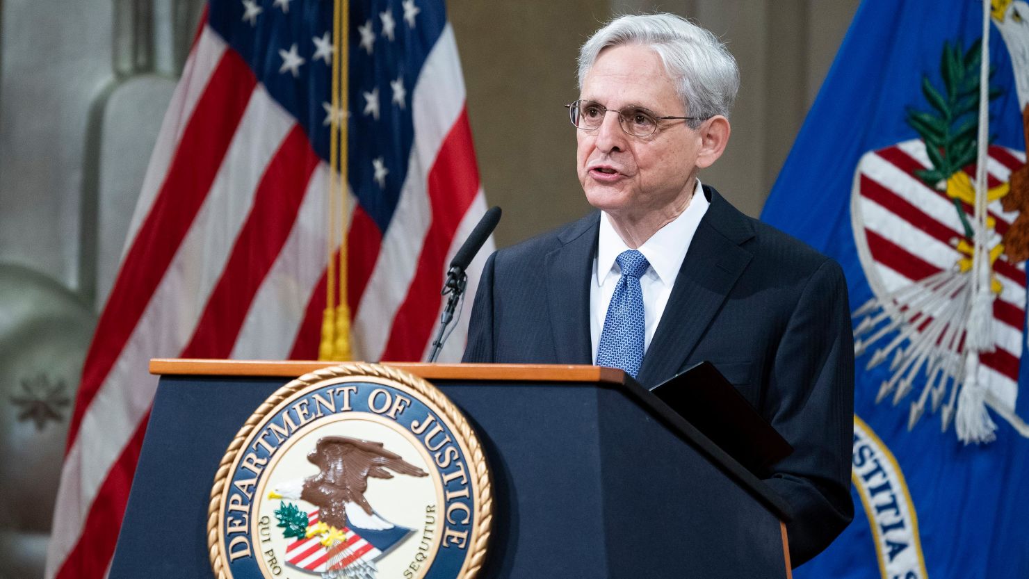 US Attorney General Merrick Garland addresses the staff on his first day at the Department of Justice March 11, 2021, in Washington, DC. Garland, a one time Supreme Court nominee under former President Barack Obama, was confirmed by a Senate of vote of 70-30. 