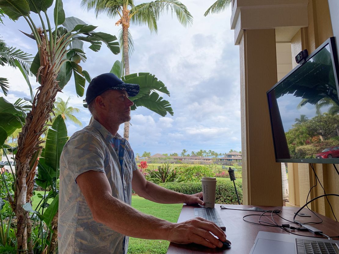 Alan Gilchrest, who works for LivePerson, relocated from Seattle to Hawaii when his company went remote last March. He currently works from his lanai-turned-home-office, at his home on the Big Island.