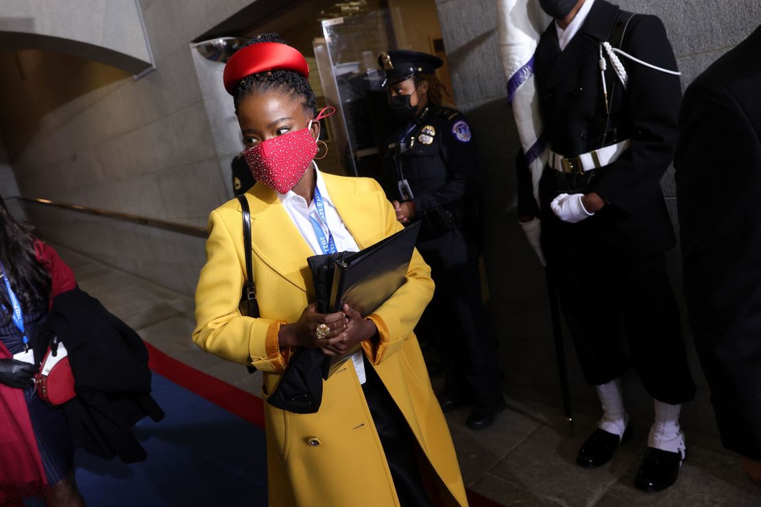 National youth poet laureate Amanda Gorman arrives at the inauguration of US President Joe Biden on January 20.