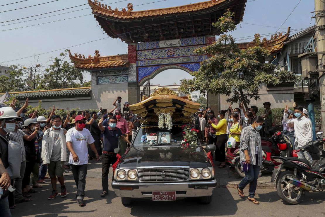 Angel's body is transported from the Yunnan Chinese temple in Mandalay, during her funeral on March 4.