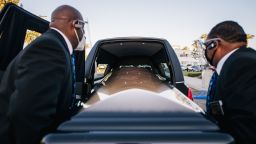 LOS ANGELES, CA - MARCH 5: The casket of Rev. Dr. Frederick Price is prepared for departure at the conclusion of the final public viewing on March 5, 2021 in Los Angeles, California. A public viewing was held to honor Rev. Dr. Price, founder of the Crenshaw Christian Center, who died on February 12 from COVID-19 complications. (Photo by Brandon Bell/Getty Images)